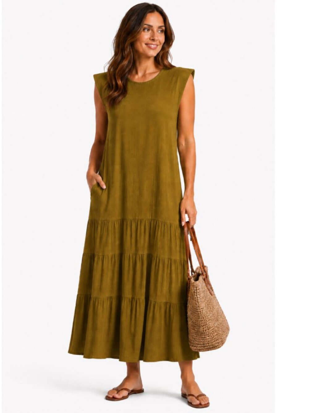 Nordstrom Tiered Maxi Dress Sleeveless Pockets Boho Coastal Green Medium